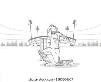 T20 Cricket header or banner design with cricket ball and wicket stumps  Cricket stadium flat line art graphic design