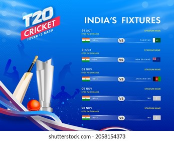 T20 Cricket India's Fixtures Schedule Poster Design With 3D Silver Trophy Cup, Bat, Ball On Blue Abstract Wave Background.