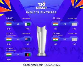 Diseño de afiches basados en programación de partidos de cricket T20 India con la Copa de Trofeos 3D de Plata sobre los jugadores de silueta violeta de fondo.