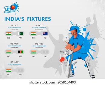 T20 Cricket India's Fixtures Schedule Poster Design With Participate Countries And Splash Effect Wicket Keeper On Gray Background.