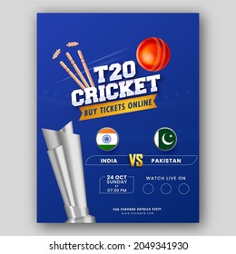 T20 Cricket League Brochure Template Design With Participating Team Of India VS Pakistan On Blue Background.