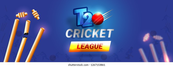 T20 Cricket League header or banner design, vector illustration of broken wicket stumps on glossy blue background.