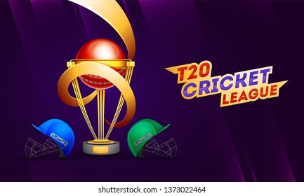 T20 Cricket League poster or banner design with champion trophy and cricket helmet of participants team illustration. 