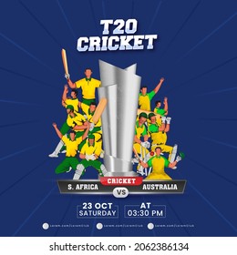 T20 Cricket Match Between Africa VS Australia And 3D Silver Trophy Cup On Blue Rays Background.