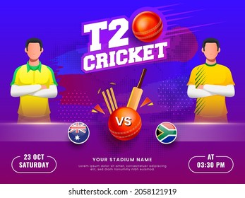 Partido de Cricket T20 entre Australia y Sudáfrica con jugadores sin rostro con fondo de semitono azul gradiente y morado.c