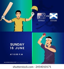T20 Cricket Match Between Australia VS Scotland Team with Batter Player, Bowler Character in National Jersey. Advertising Poster Design.