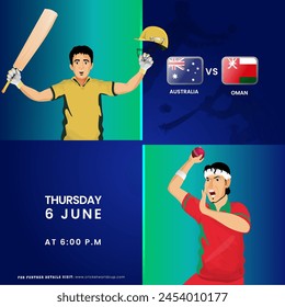 T20 Cricket Match Between Australia VS Oman Team with Batter Player, Bowler Character in National Jersey. Advertising Poster Design.