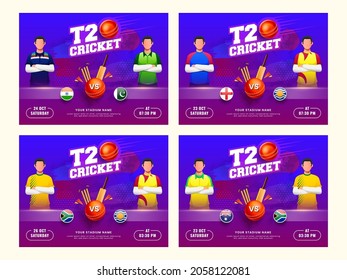 Partida De Cricket T20 Entre Diferentes Equipos En El País Con Jugador De Cricket Sin Cara En Resumen De Fondo En Cuatro Opciones.