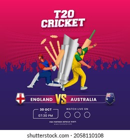 T20 Cricket Match Between England VS Australia And 3D Tournament Equipment On Pink And Purple Background.