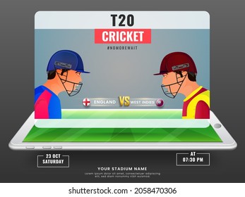 T20 Cricket Match Between England VS West Indies On 3D Smartphone Screen Illustration.