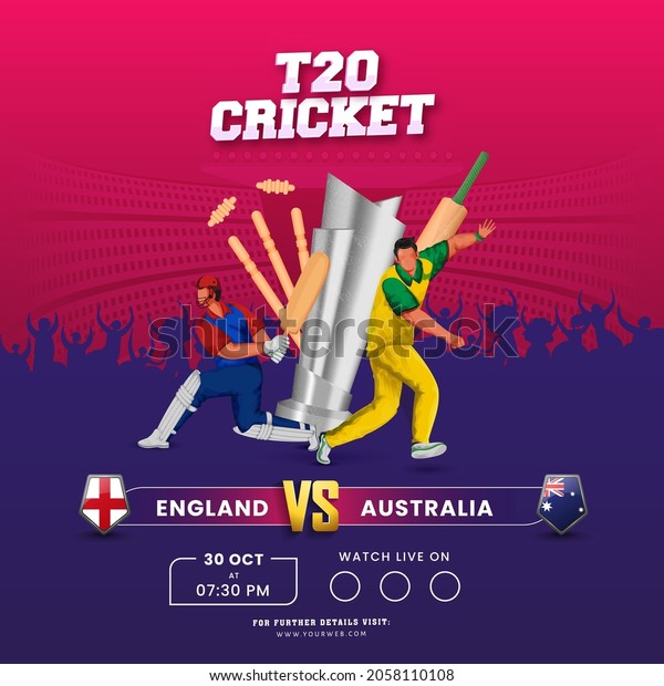 T20 Cricket\
Match Between England VS Australia And 3D Tournament Equipment On\
Pink And Purple\
Background.