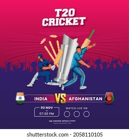 T20 Cricket Match Between India VS Afghanistan With Faceless Cricketer Players And 3D Tournament Equipment On Pink And Purple Background.