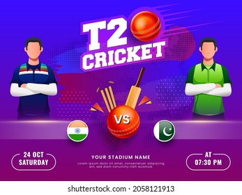 T20 Cricket Match Between India VS Pakistan With Faceless Players On Gradient Blue And Purple Halftone Background.