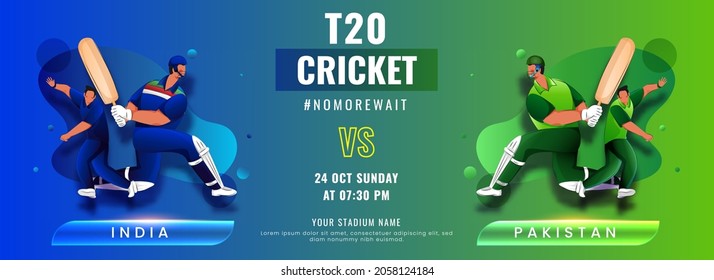 T20 Cricket Match Between India VS Pakistan With Cricketer Players On Gradient Blue And Green Background. Header Or Banner Design.