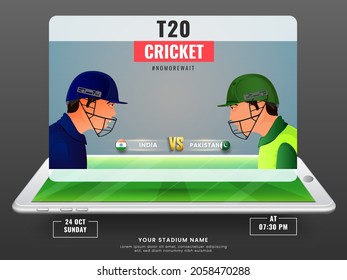 T20 Cricket Match Between India VS Pakistan On 3D Smartphone Screen Illustration.