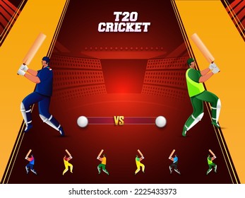 T20 Cricket Match Between India VS Pakistan Batsman With 3D Silver Winning Trophy, Other Countries Players On Orange And Red Stadium View.