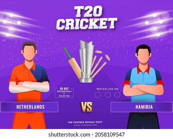T20 Cricket Match Between Netherlands VS Namibia With Faceless Players And 3D Silver Trophy Cup On Purple Light Effect Background.