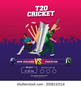 T20 Cricket Match Between New Zealand VS Pakistan With Faceless Cricketer Players And 3D Tournament Equipment On Pink And Purple Background.