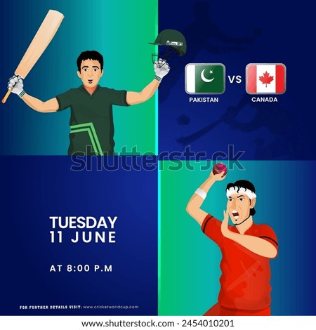 T20 Cricket Match Between Pakistan VS Canada Team with Batter Player, Bowler Characters in National Jersey.