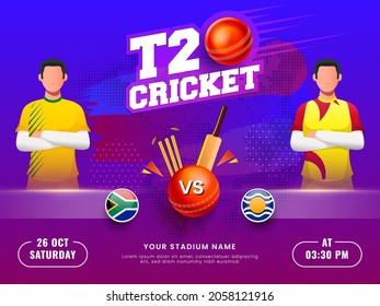 T20 Cricket Match Between South Africa VS West Indies With Faceless Players On Gradient Blue And Purple Halftone Background.