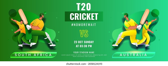 T20 Cricket Match Between South Africa VS Australia On Gradient Green Background. Header Or Banner Design.