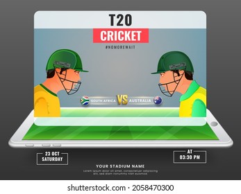 T20 Cricket Match Between South Africa VS Australia On 3D Smartphone Screen Illustration.