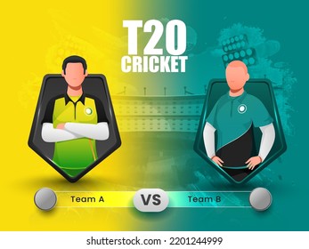 T20 Cricket Match Between Team A VS B (Australia VS New Zealand) On Teal And Yellow Stadium Grunge Background.