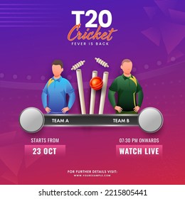 T20 Cricket Match Between Team A VS B With Faceless Cricketer Players And Realistic Silver Trophy Cup On Gradient Abstract Background.