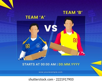 Partido De Cricket T20 Entre El Equipo A VS B Con Jugadores De Batería Sobre El Fondo Del Estadio Azul.