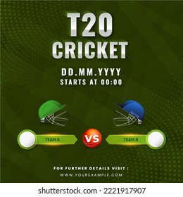 T20 Cricket Match Between Team A VS B With Attire Helmets On Green Abstract Dotted Background.