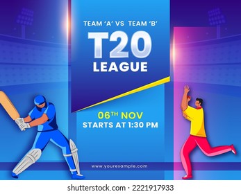 T20 Cricket Match Between Team A VS B (India VS Zimbabwe) With Bowler Throwing Ball To Batsman On Blue Shiny Stadium Background.