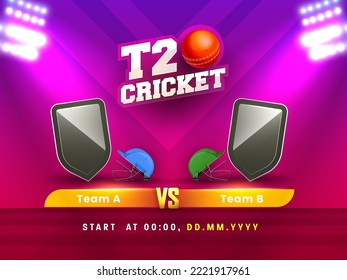 T20 Cricket Match Between Team A VS B Of Empty Shield With Attire Helmets On Gradient Stadium Lights Background.