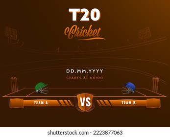 T20 Cricket Match Between Team A VS B With Attire Helmets On Pitch Brown Background.