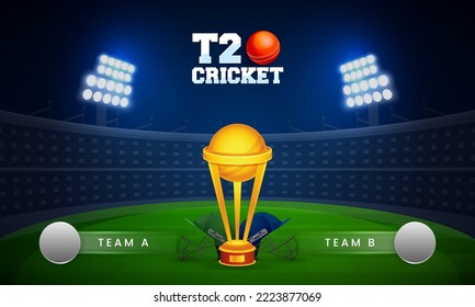 T20 Cricket Match Between Team A VS B With Empty Round Badge Or Frame, Attire Helmets, 3D Golden Winner Trophy Cup On Blue And Green Stadium Background.