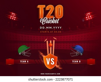 T20 Cricket Match Between Team A VS B With Attire Helmets And Ball Hitting Wicket Stump On Red Stadium Background.