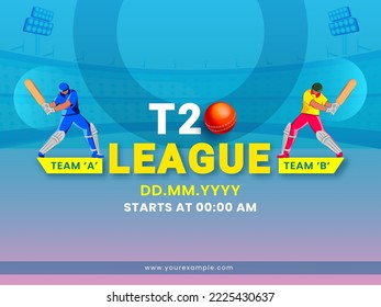 T20 Cricket Match Between Team A VS B With Batter Players (India VS Zimbabwe) On Gradient Blue And Pink Stadium Background.