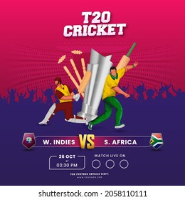 T20 Cricket Match Between West Indies VS South Africa And 3D Tournament Equipment On Pink And Purple Background.