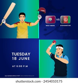 T20 Cricket Match Between West Indies VS Afghanistan Team with Batter Player, Bowler Characters in National Jersey.