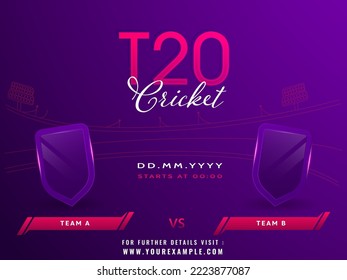 T20 Cricket Match Concept With Empty Shield Of Participating Team A VS B On Purple Stadium Background.