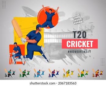 T20 Cricket Match Concept With Faceless Cricketer Players In Different Color Attire On Gray Stadium Texture Background.