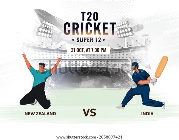 T20\
Cricket Match Concept With Participating Team Players Of New\
Zealand VS India On Gray Stadium Texture\
Background.