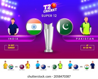 T20 Cricket Match Participating Countries Flag Badge With India VS Pakistan Highlighted And 3D Silver Trophy Cup On Gradient Stadium Lights Background.