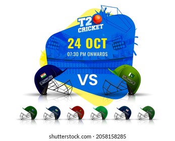 T20 Cricket Match Schedule Between India VS Pakistan With Other Participant Countries Helmets  On Abstract Stadium Background.