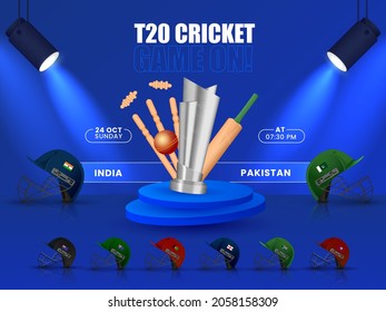 Programa De Partidos De Cricket T20 Entre India Y Pakistán Con Otros Países Participantes Cascos Y Equipo De Torneo 3D Con Fondo Azul.