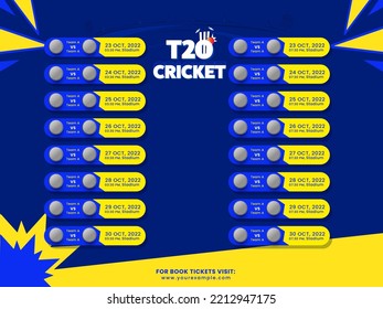 T20 Cricket Match Schedule List With 3D Silver Trophy Cup On Yellow And Blue Background.