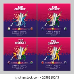 T20 Cricket Match Social Media Post With Participating Countries Team And 3D Tournament Equipments In Four Options.