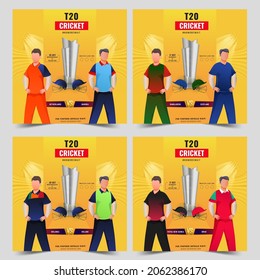 T20 Cricket Match Social Media Posts With Faceless Cricketer Players And 3D Silver Trophy Cup On Yellow Background.