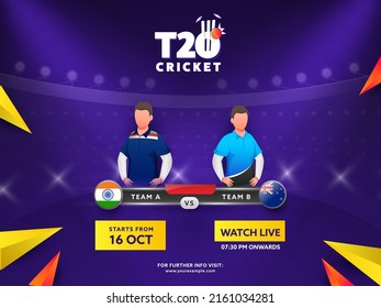 T20 Cricket Match Beobachten Sie Live-Poster-Design mit 3D Silver Trophy Cup und Dreieck Elemente auf violettem Stadionhintergrund.