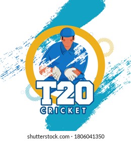 T20 Cricket Poster Design with Cartoon Wicket Keeper in Catch Pose and Blue Brush Stroke Effect on White Background.