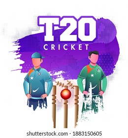 T20 Cricket Poster Design with Cartoon Players Character and Red Ball Hitting Wickets on Purple Brush Stroke and White Halftone Background.